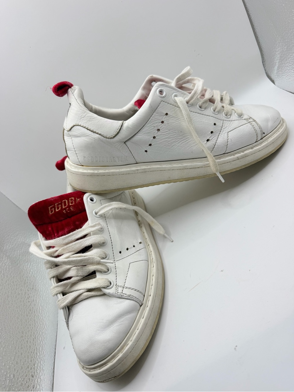 Golden Goose White Leather Sneakers with Red Suede Tongue and Heel Pull